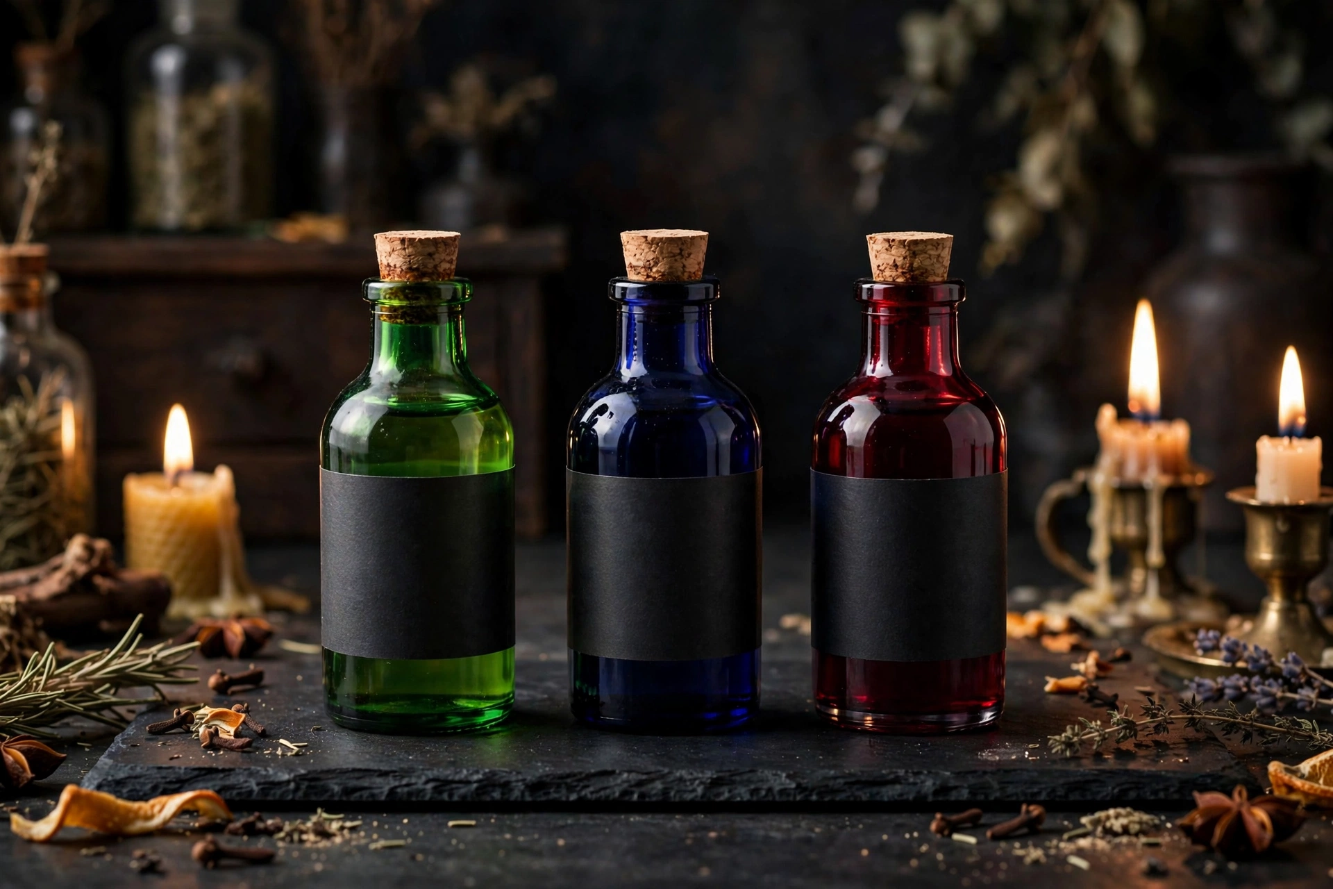 Product photograph of a bitters bottle in the C diminished palette of green, indigo and deep red