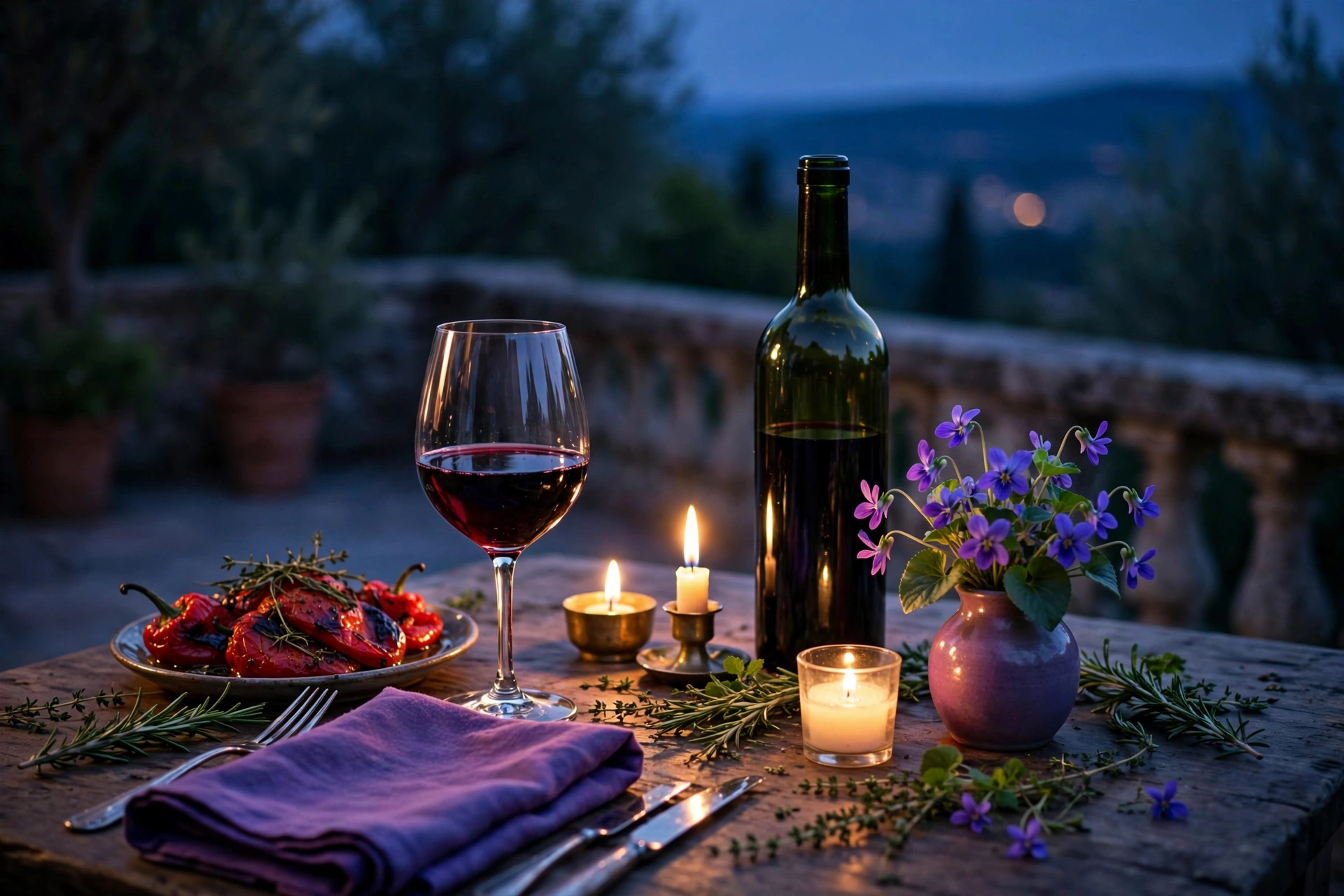Terrace dinner at dusk with red wine, violet flowers and deep green foliage in fading light