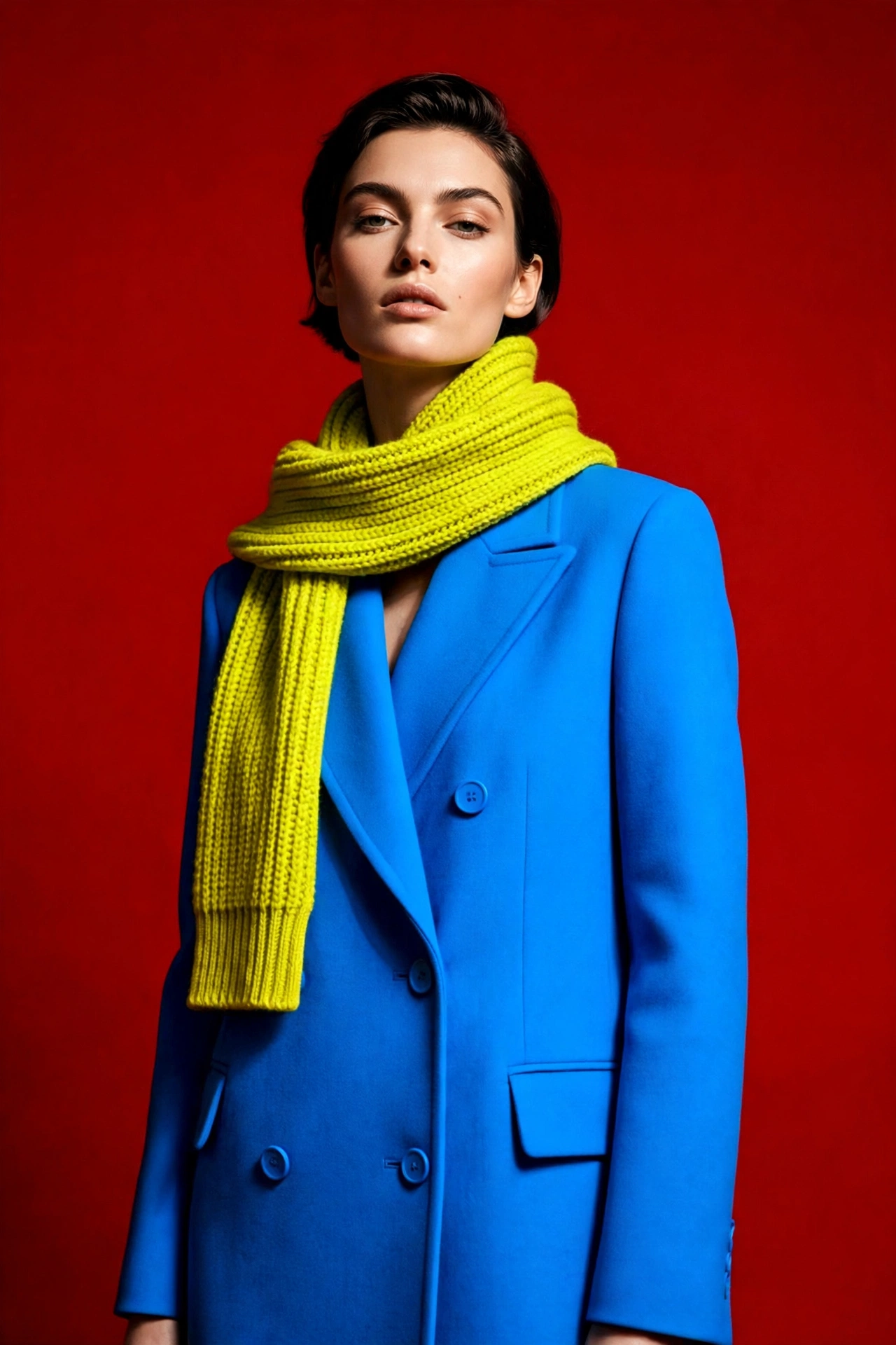Fashion advertisement in B minor colors — blue coat and yellow-green accent against a deep red backdrop