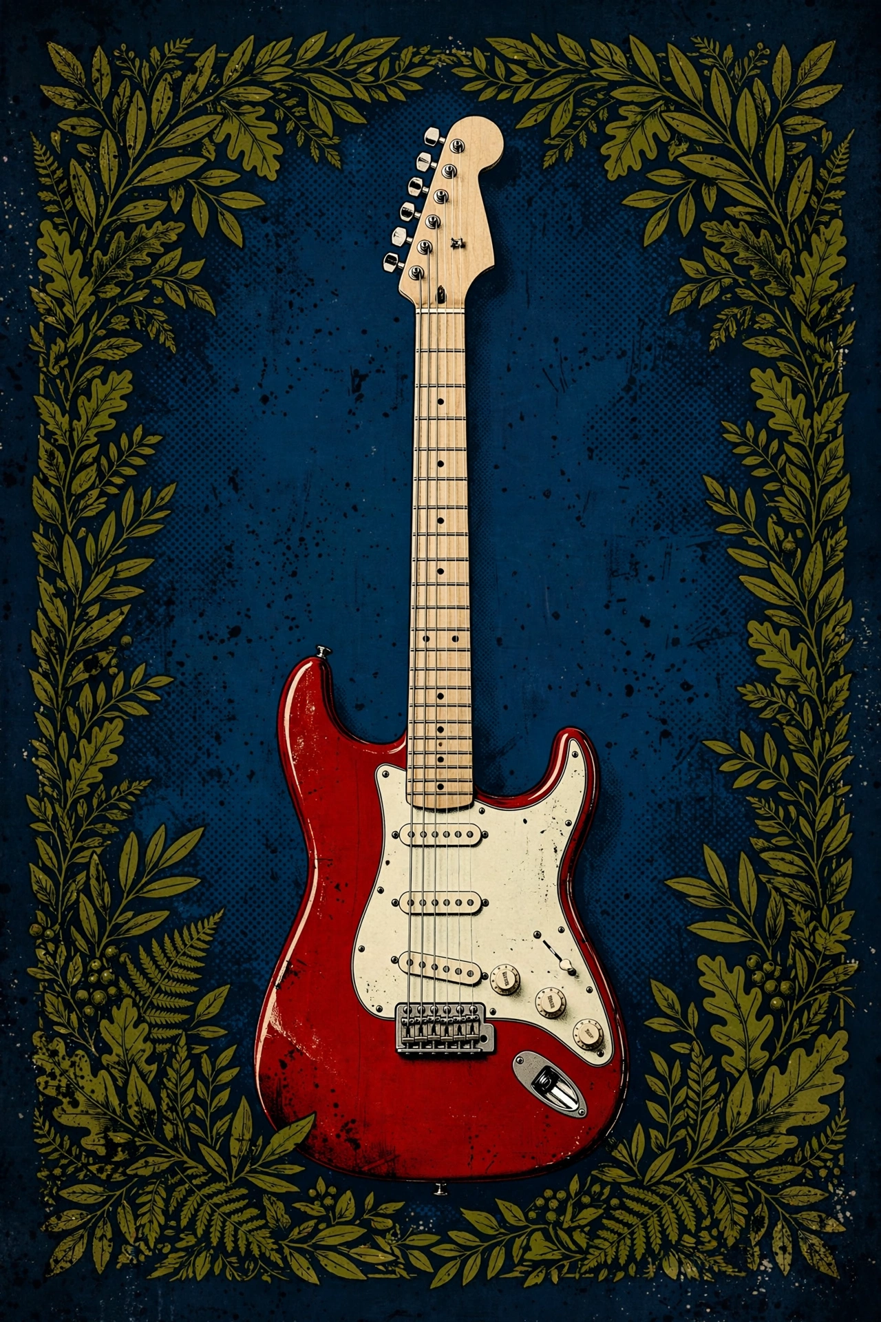 Band poster in the dark B minor variant — deep blue and darkened yellow-green with the F sharp red at full strength