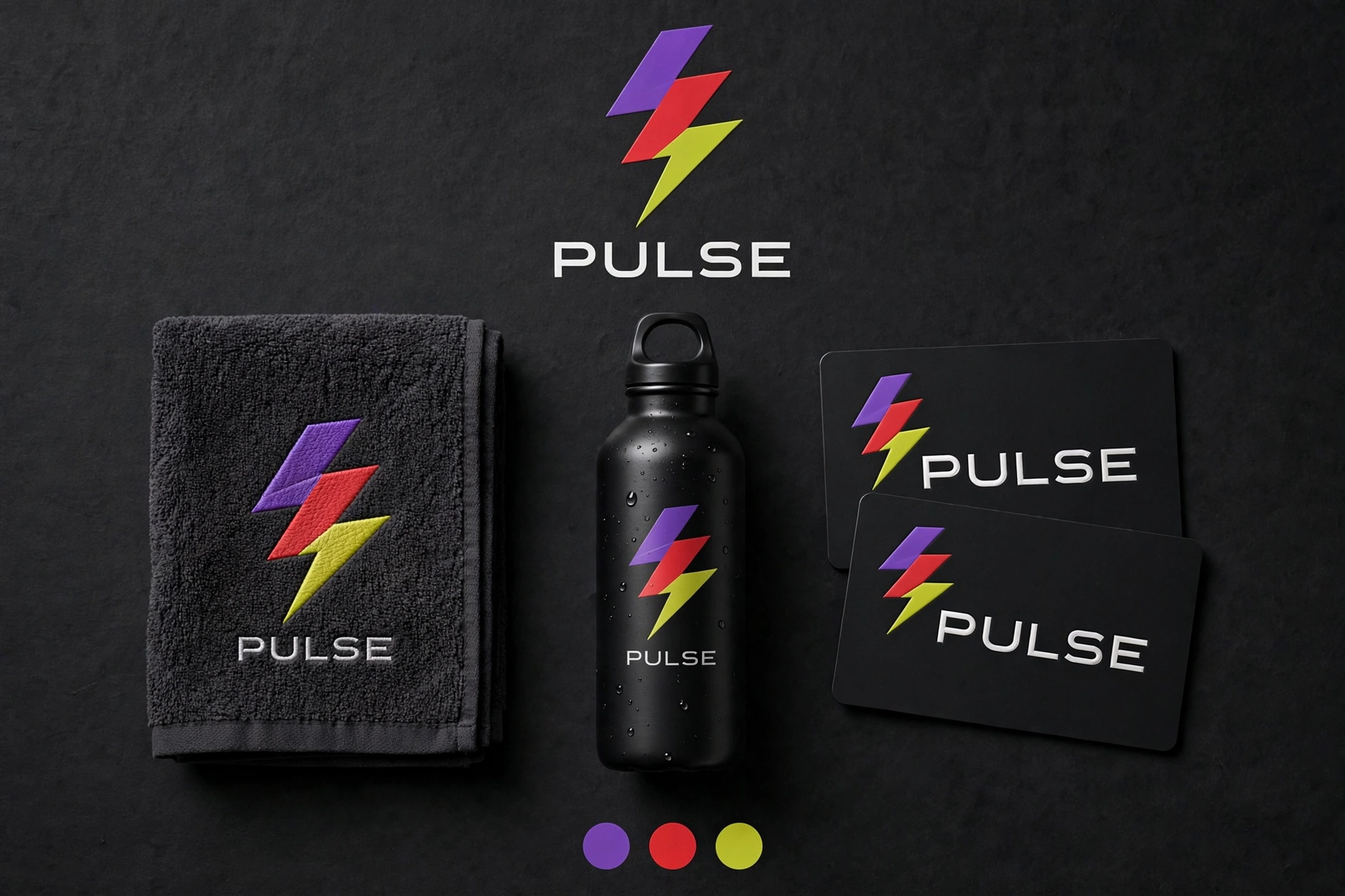Dark brand board for PULSE in violet, signal red and yellow-green