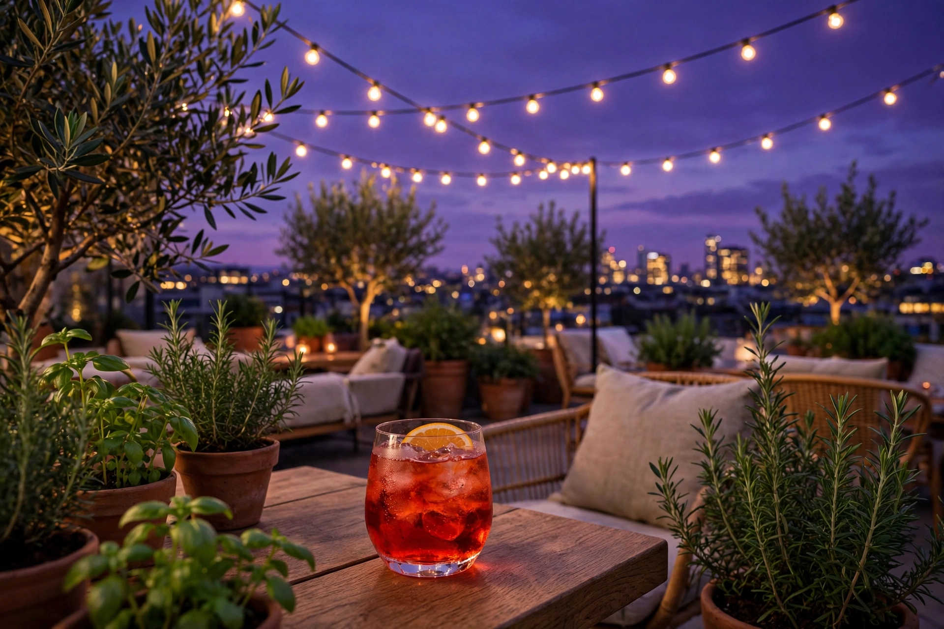 Rooftop bar at dusk with an aperitif, green plants, scarlet accents and a violet evening sky over the city