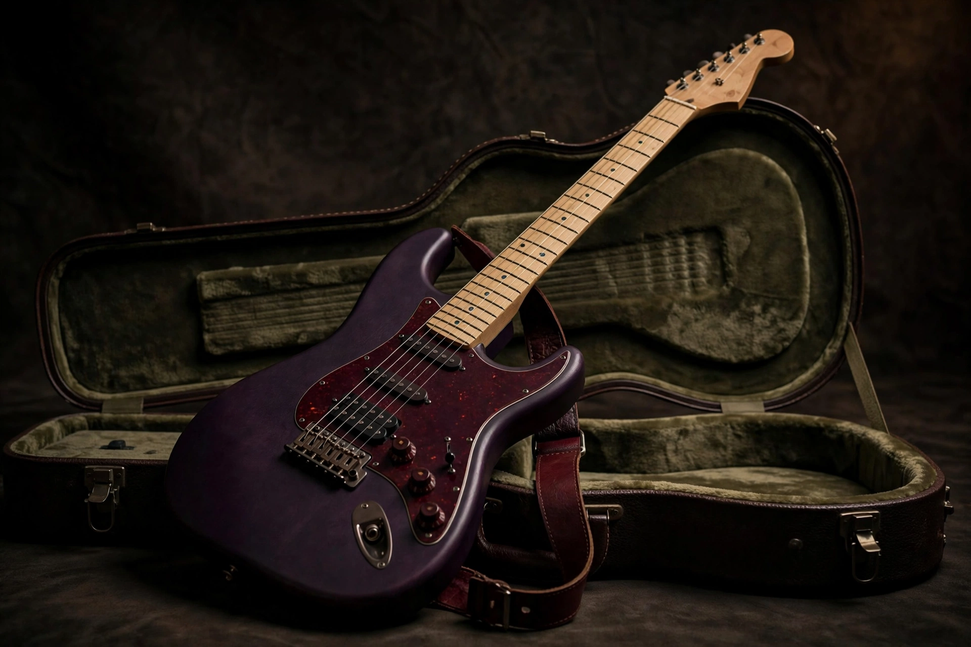 Electric guitar in deep muted E minor colors — deep plum body with an oxblood tortoiseshell pickguard and strap, resting by an olive-lined case