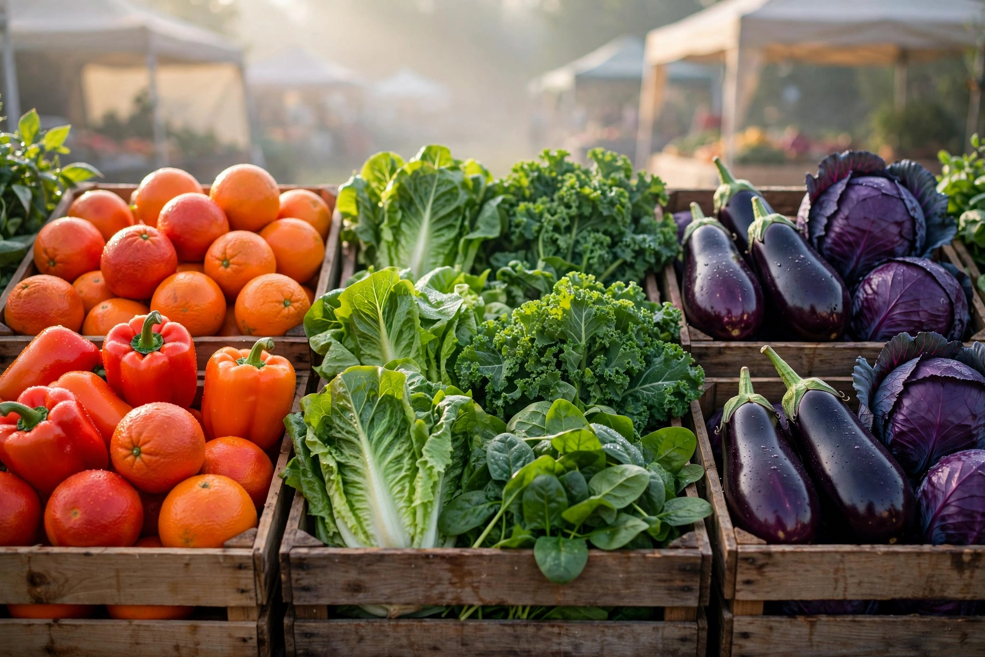 Farmers market stall in the morning: wooden crates of orange citrus and peppers, green lettuces and kale, and violet eggplants and red cabbages