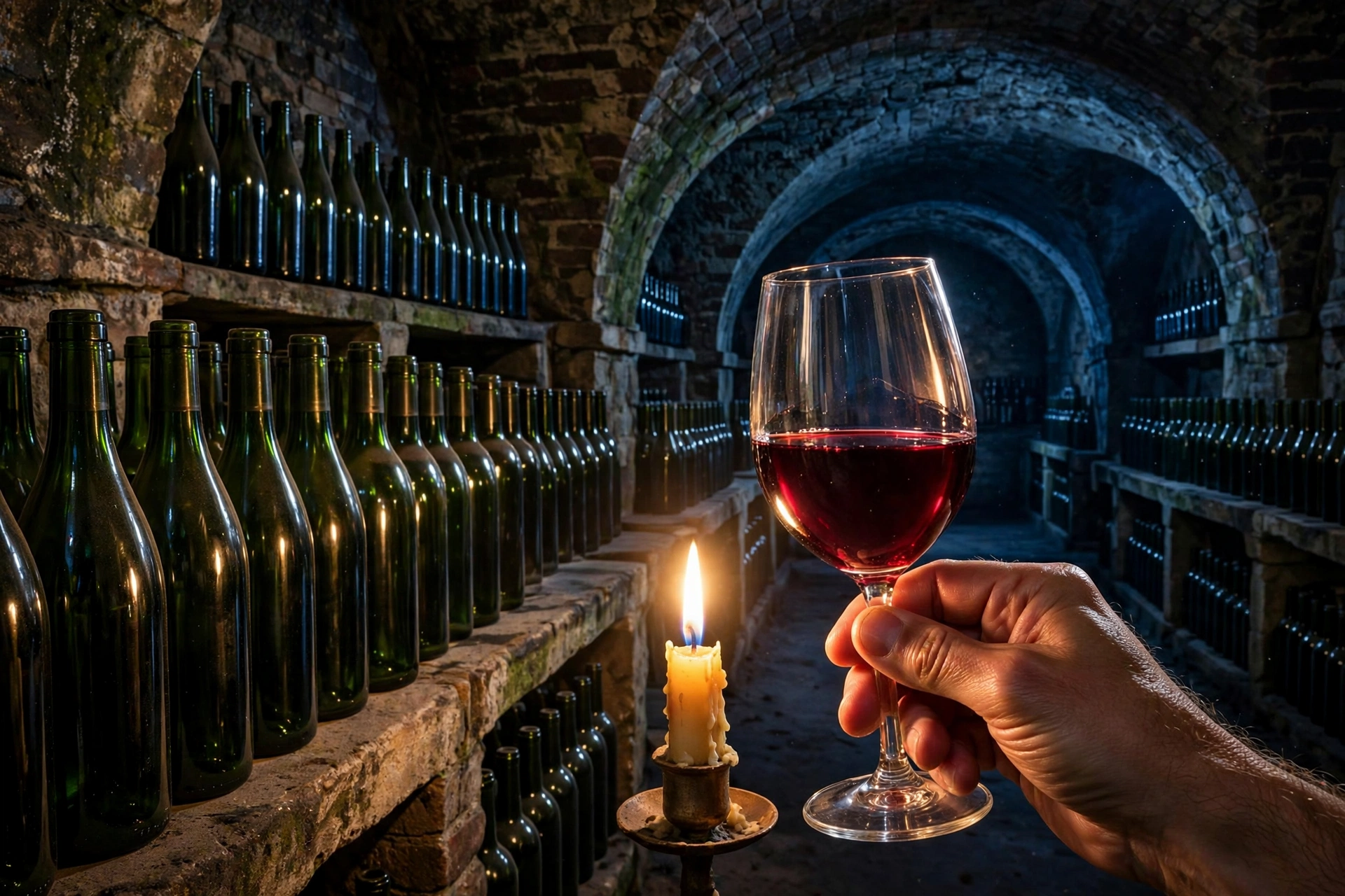Candlelit wine cellar: green bottles in racks, deep red wine and indigo shadow