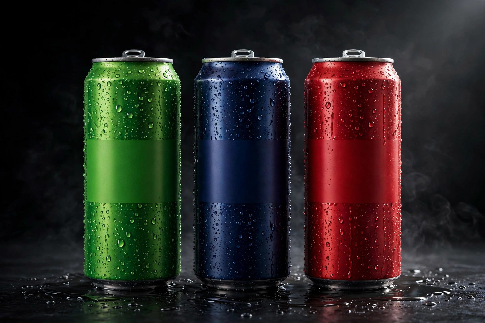Product photograph of a soda bottle in the C minor palette of green, indigo and signal red