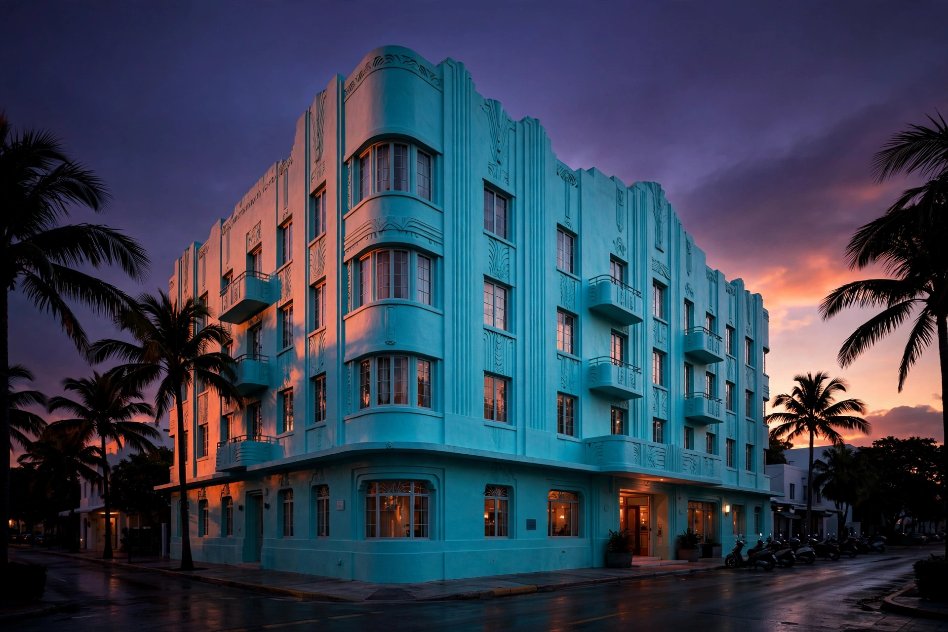 Turquoise Art Deco hotel on a palm-lined street at dusk, warm orange sunset light on its facade under a deep violet sky