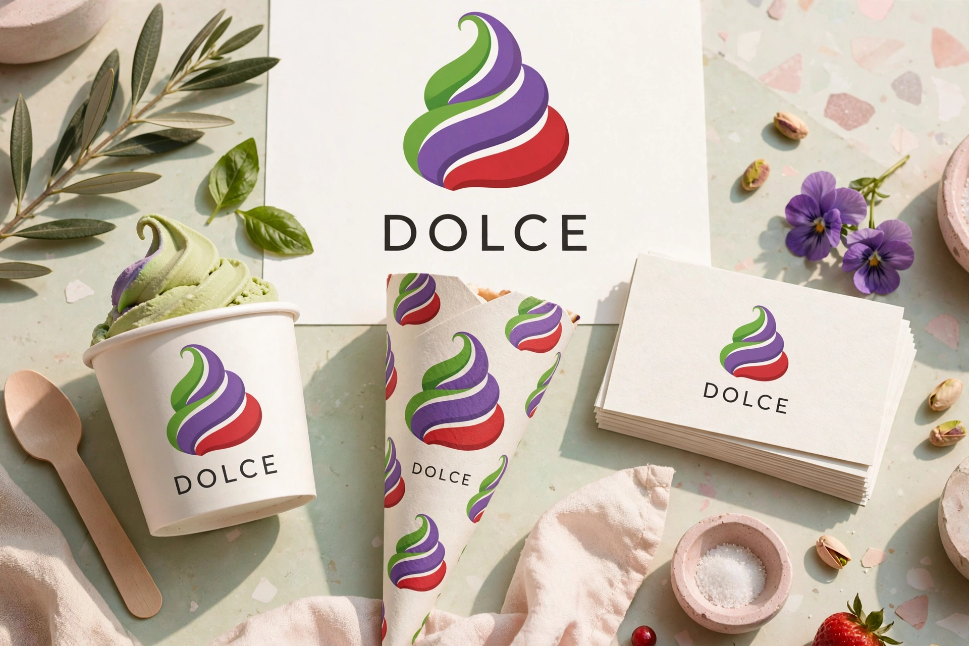 Brand board for DOLCE in green, violet and scarlet
