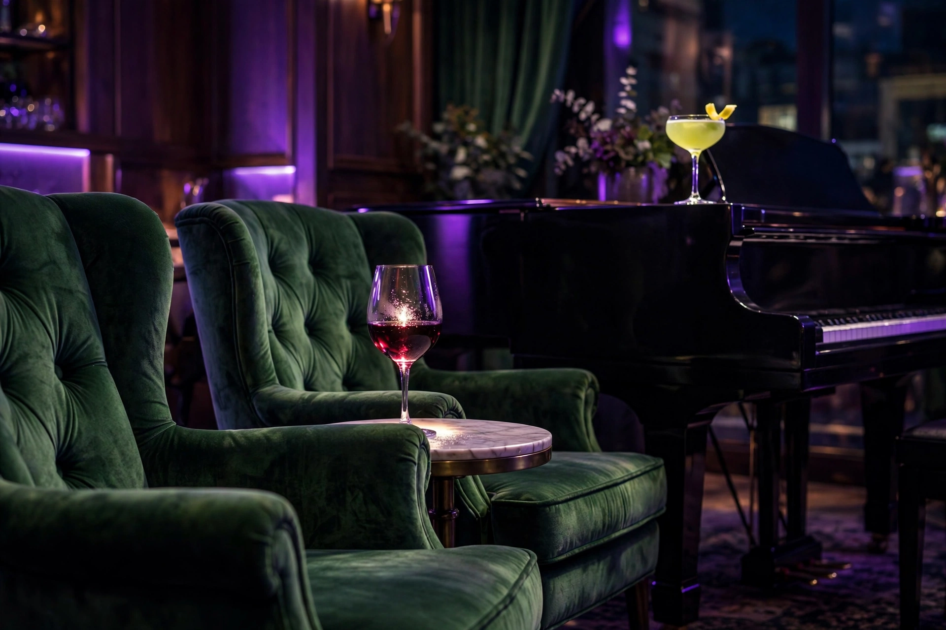 Piano jazz lounge at night in green, violet and red tones with a chartreuse yellow-green cocktail on the piano