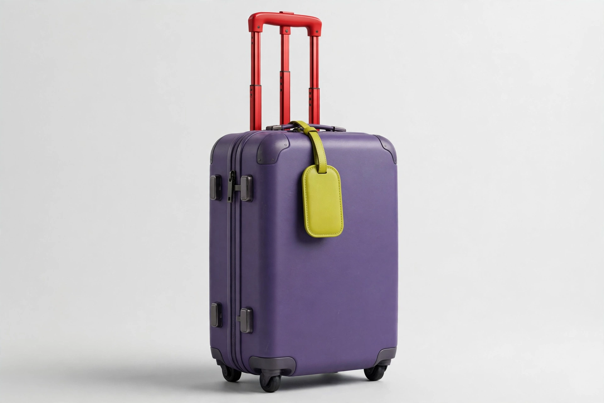 Product photograph of a suitcase in the E minor palette of violet, red and yellow-green
