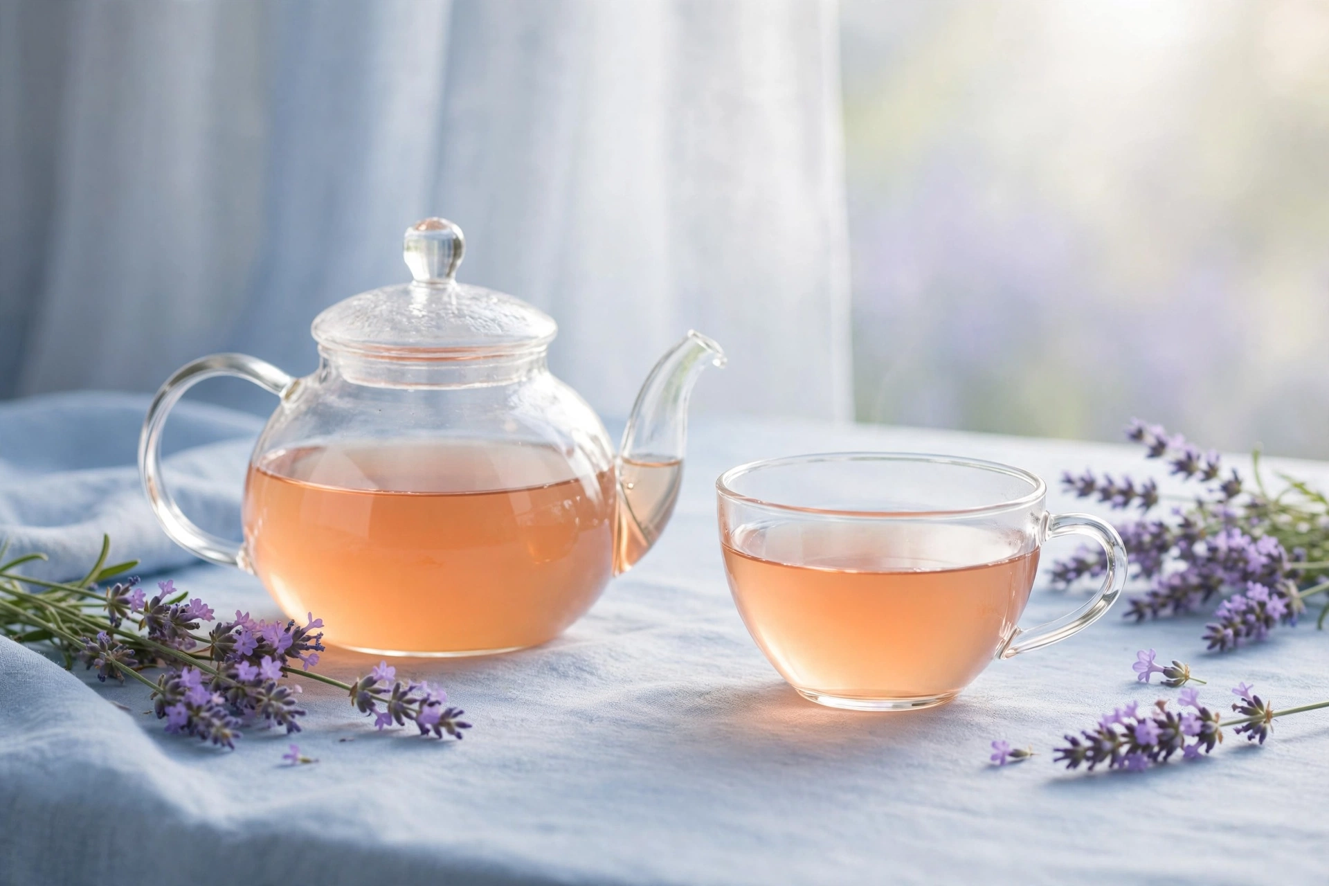 Light, airy tea scene at the light end of the D minor palette