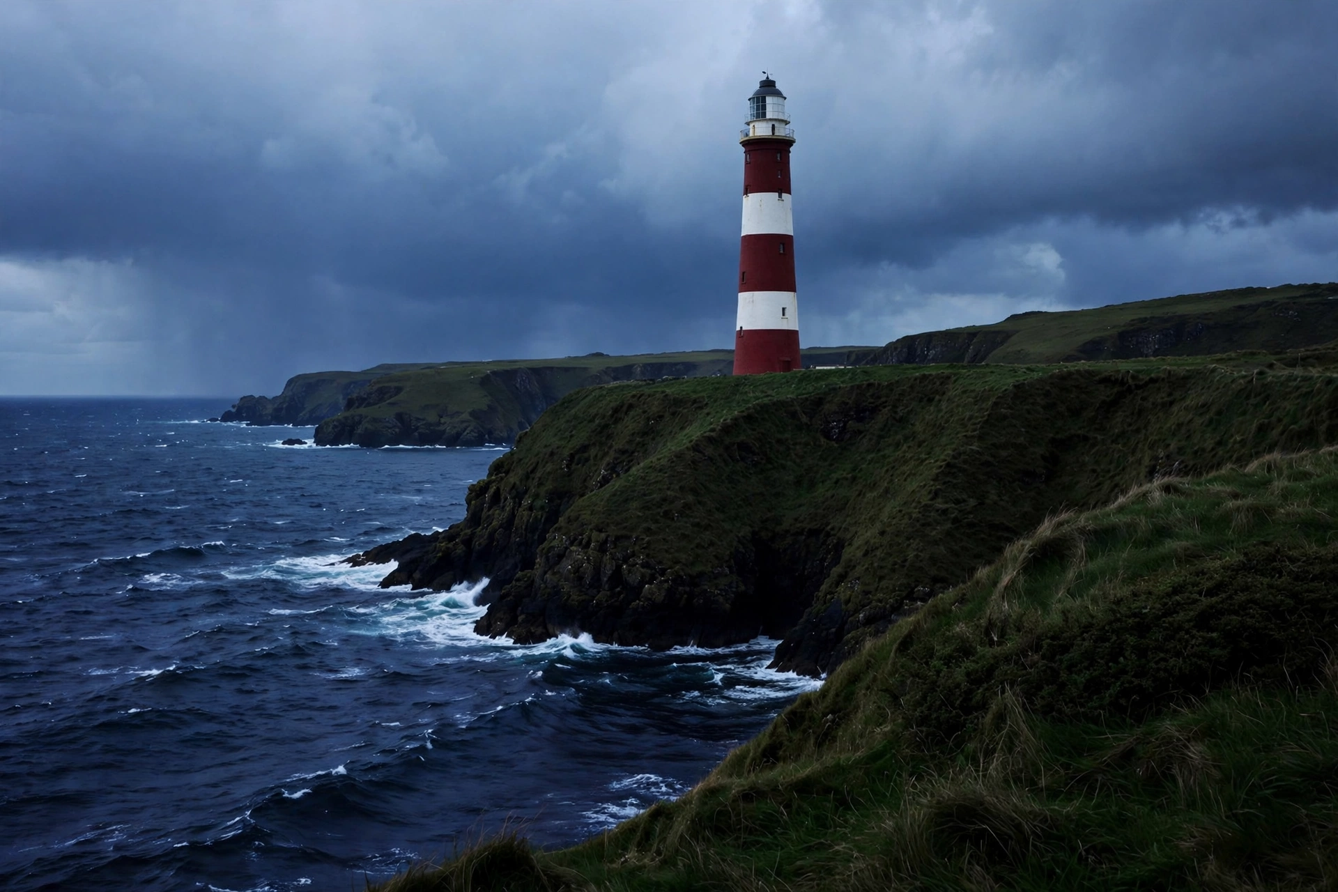 Red-and-white lighthouse on green cliffs above a dark indigo sea under heavy storm clouds