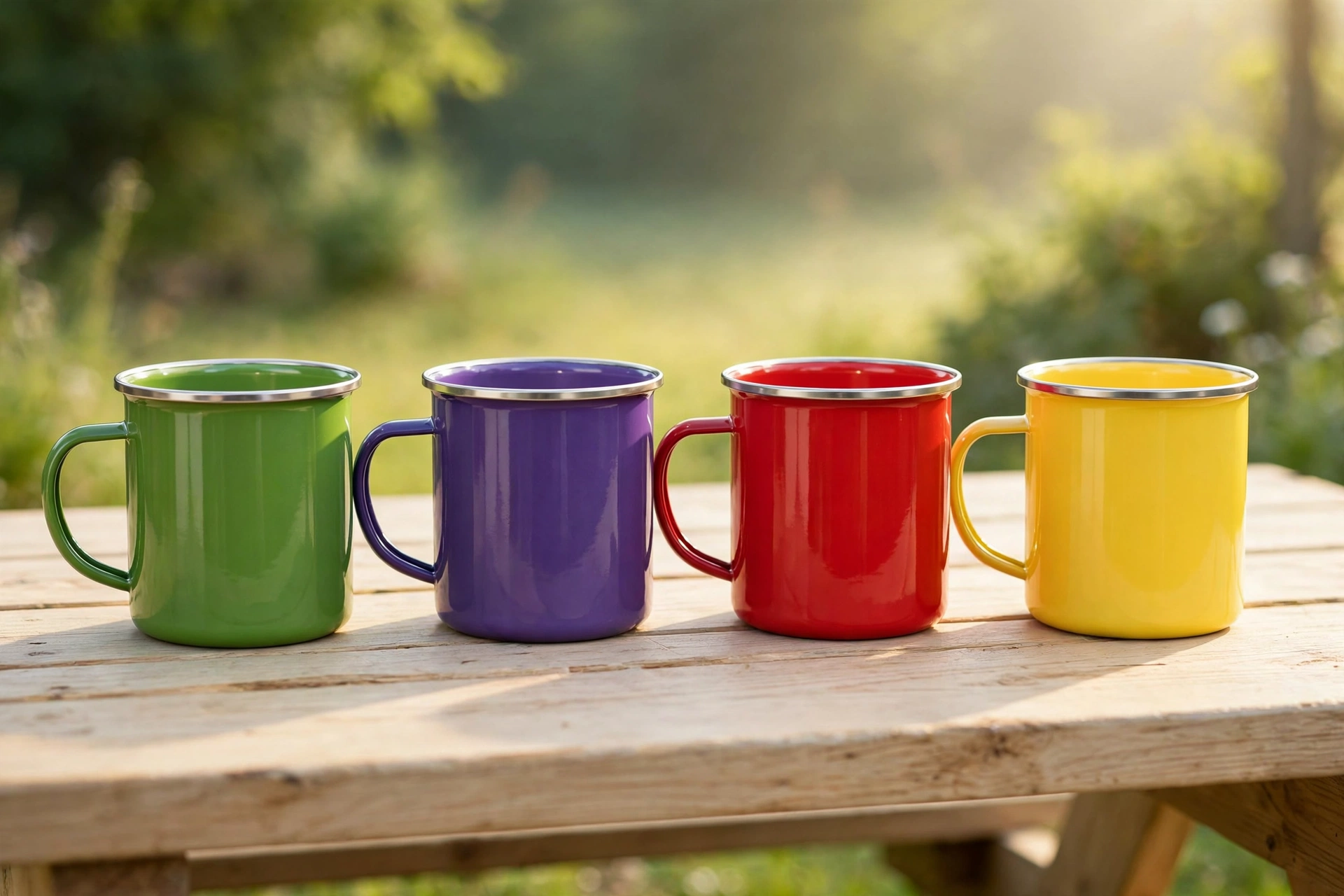 Product photograph of mugs in the four C7 colors: green, violet, red and yellow