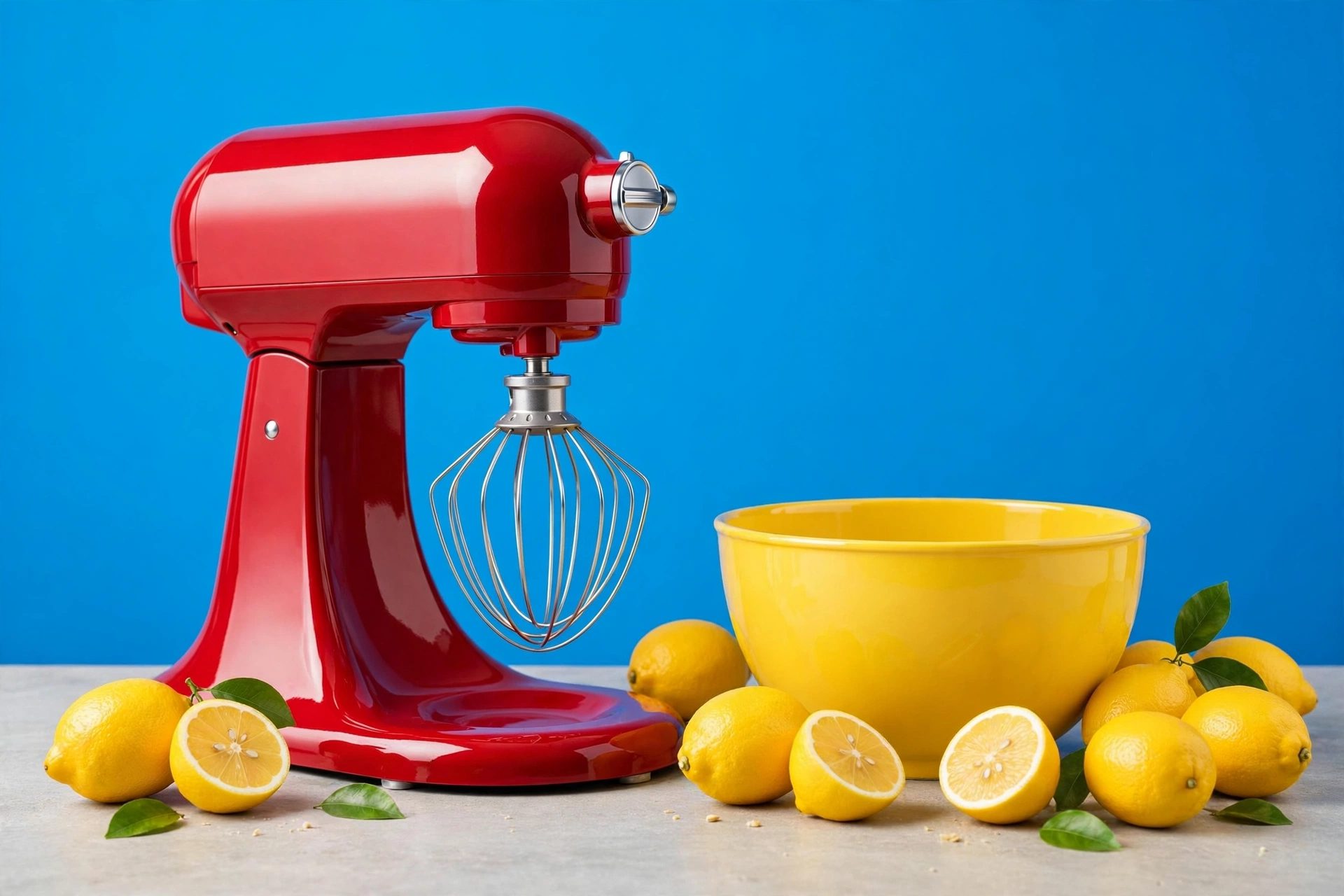 Product photograph of a stand mixer in the G minor palette of red, yellow and blue