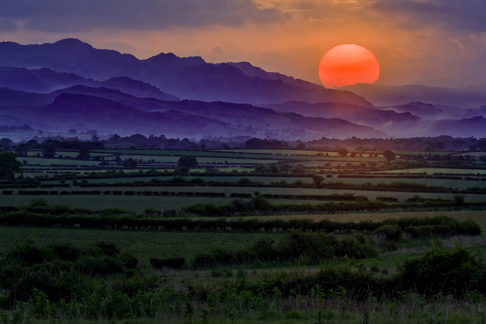Vast sunset over fields: a huge low red-orange sun, green land and violet mountain ranges on the horizon