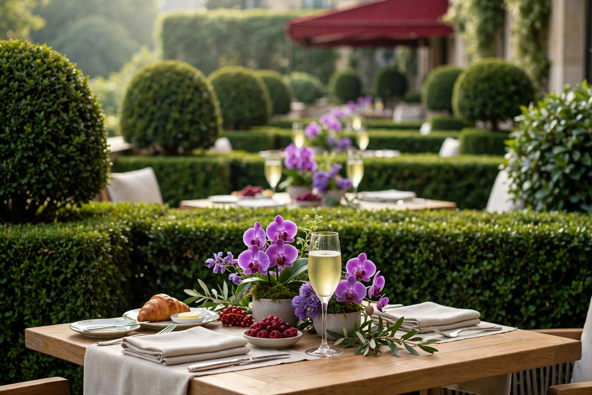 Boutique hotel terrace brunch in soft daylight with orchids, green foliage, violet and red accents and pale yellow-green details