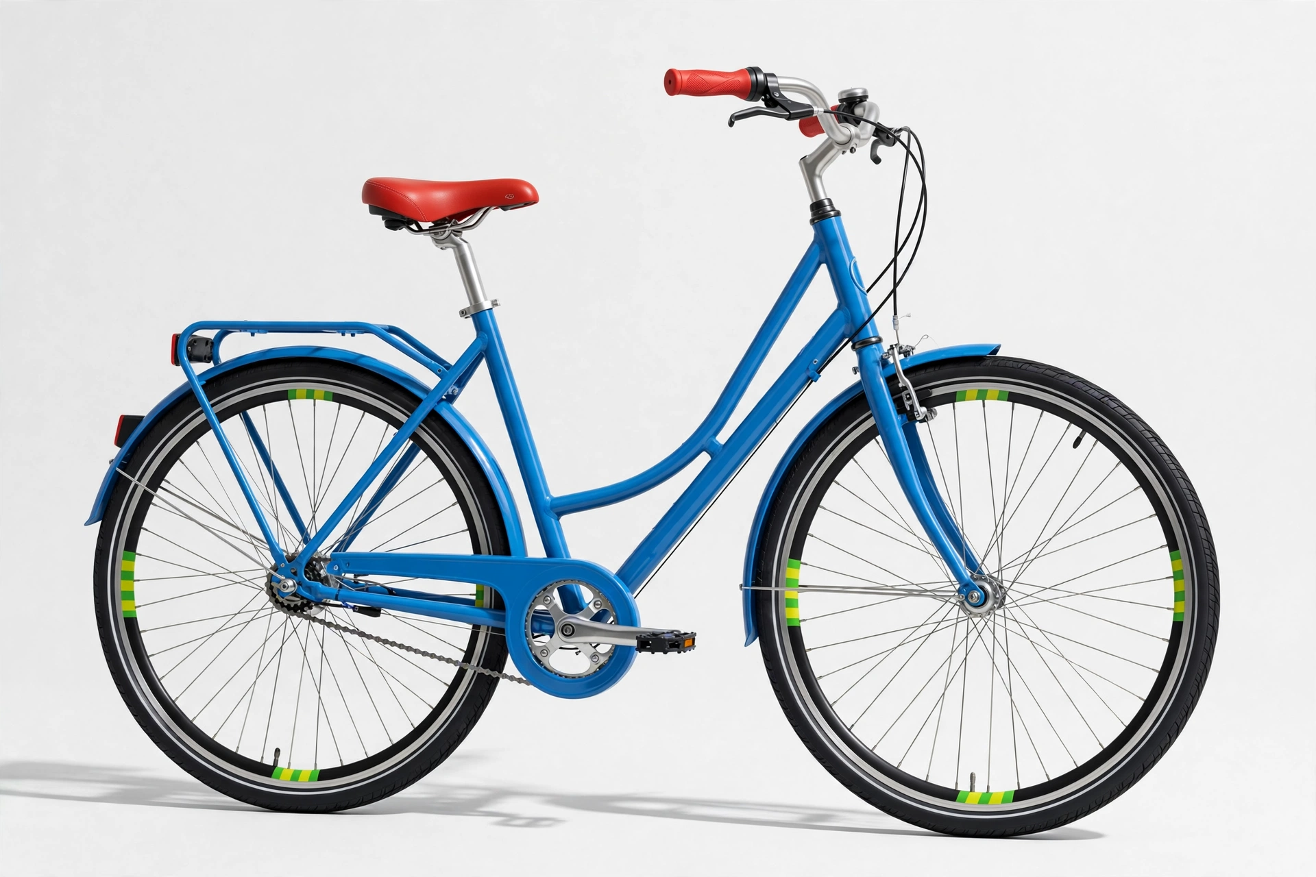 Product photograph of a bicycle in the G major palette of red, yellow-green and blue