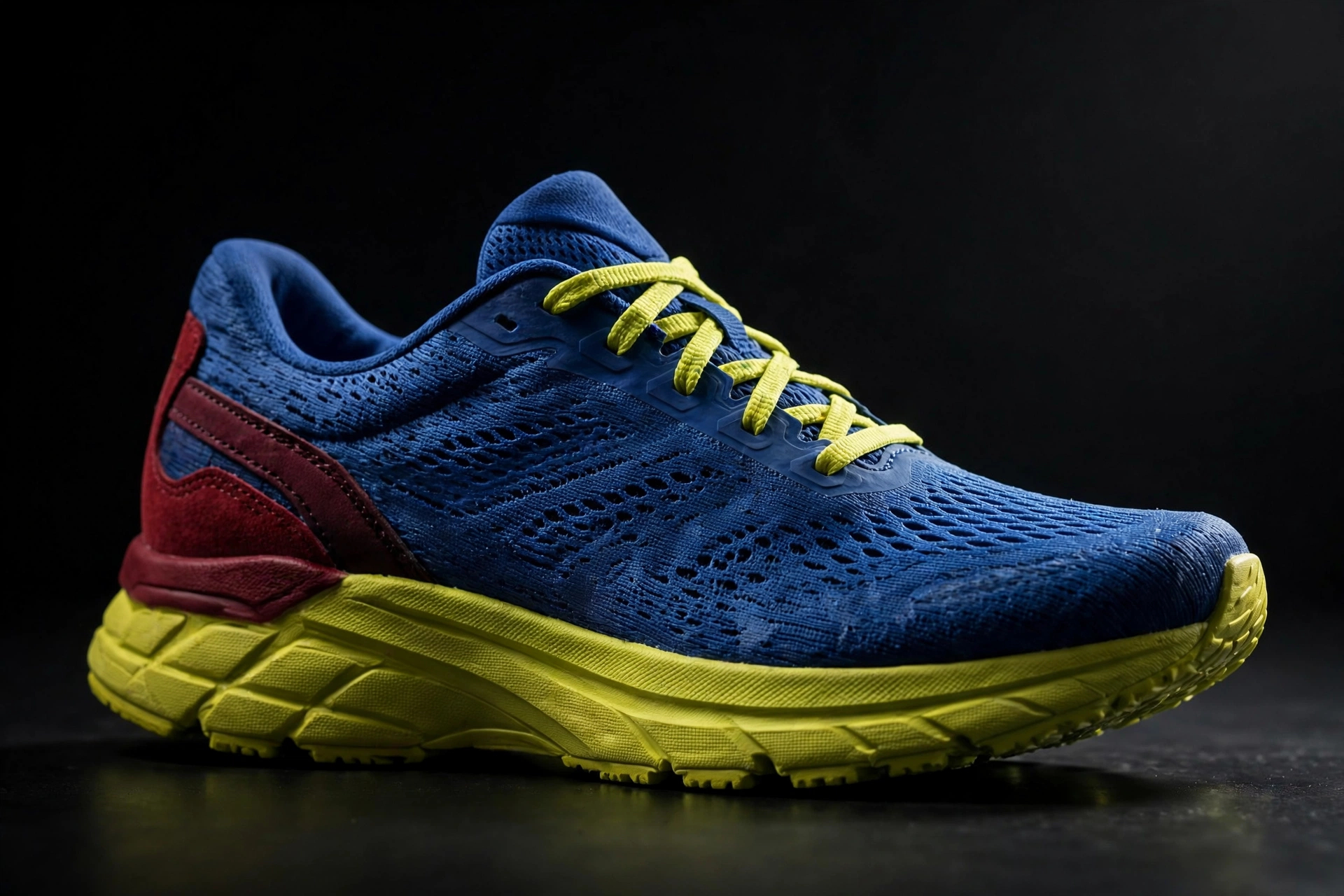 Product photograph: a deep-blue running shoe with a yellow-green sole and laces and a dark red heel, on a black background