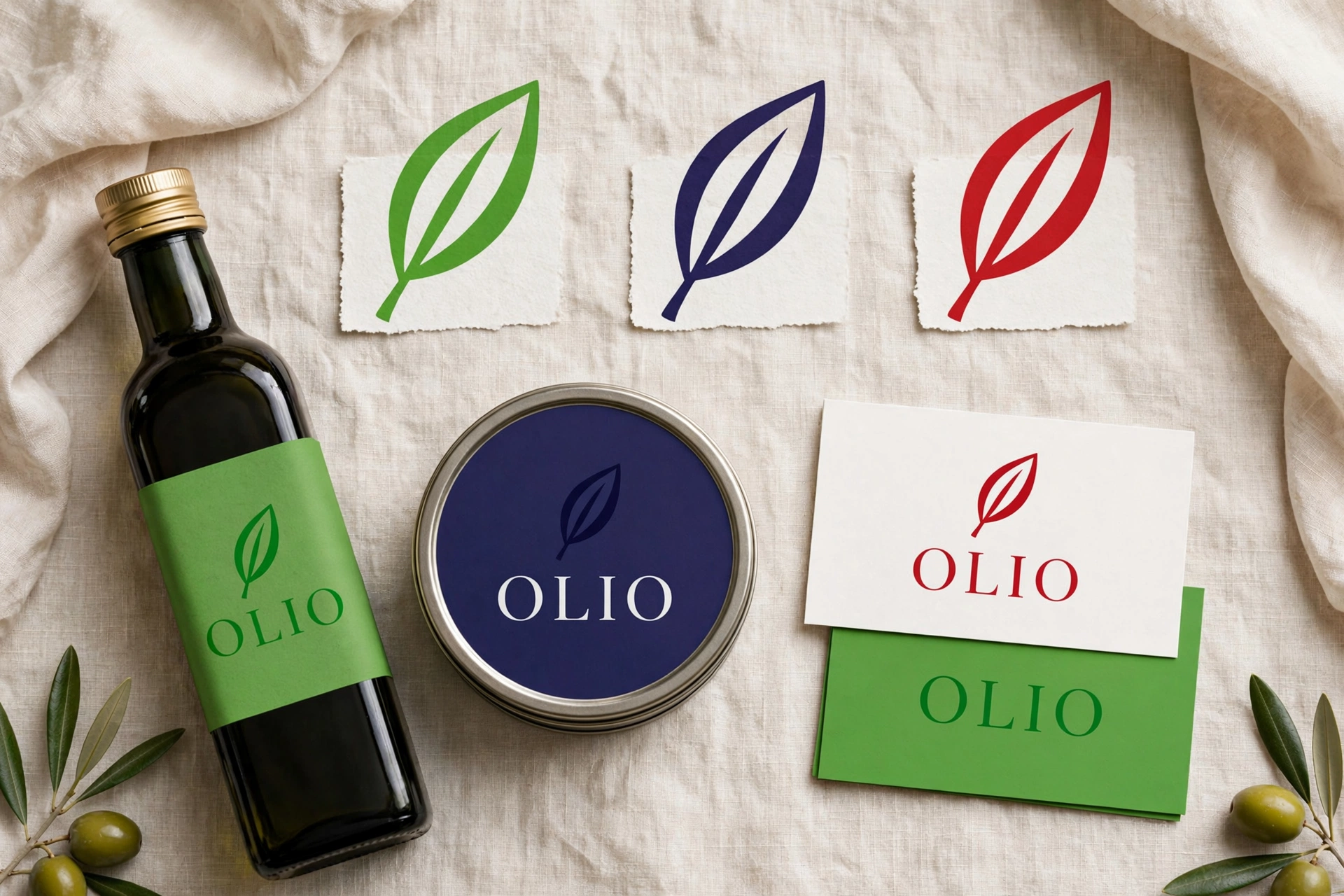 Brand board for OLIO in green, indigo and red