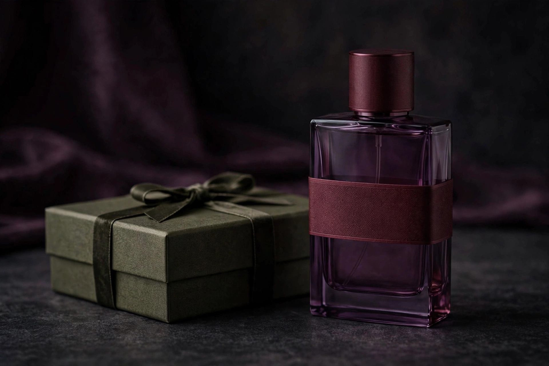 Perfume bottle in deep muted E minor colors — plum glass with an oxblood cap and band, presented on an olive box
