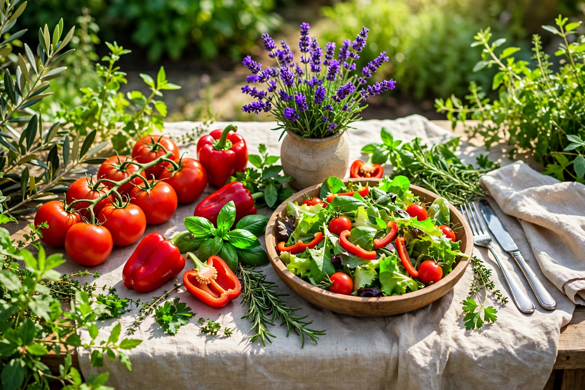 Garden lunch table in daylight with red tomatoes, violet lavender and green herbs and leaves