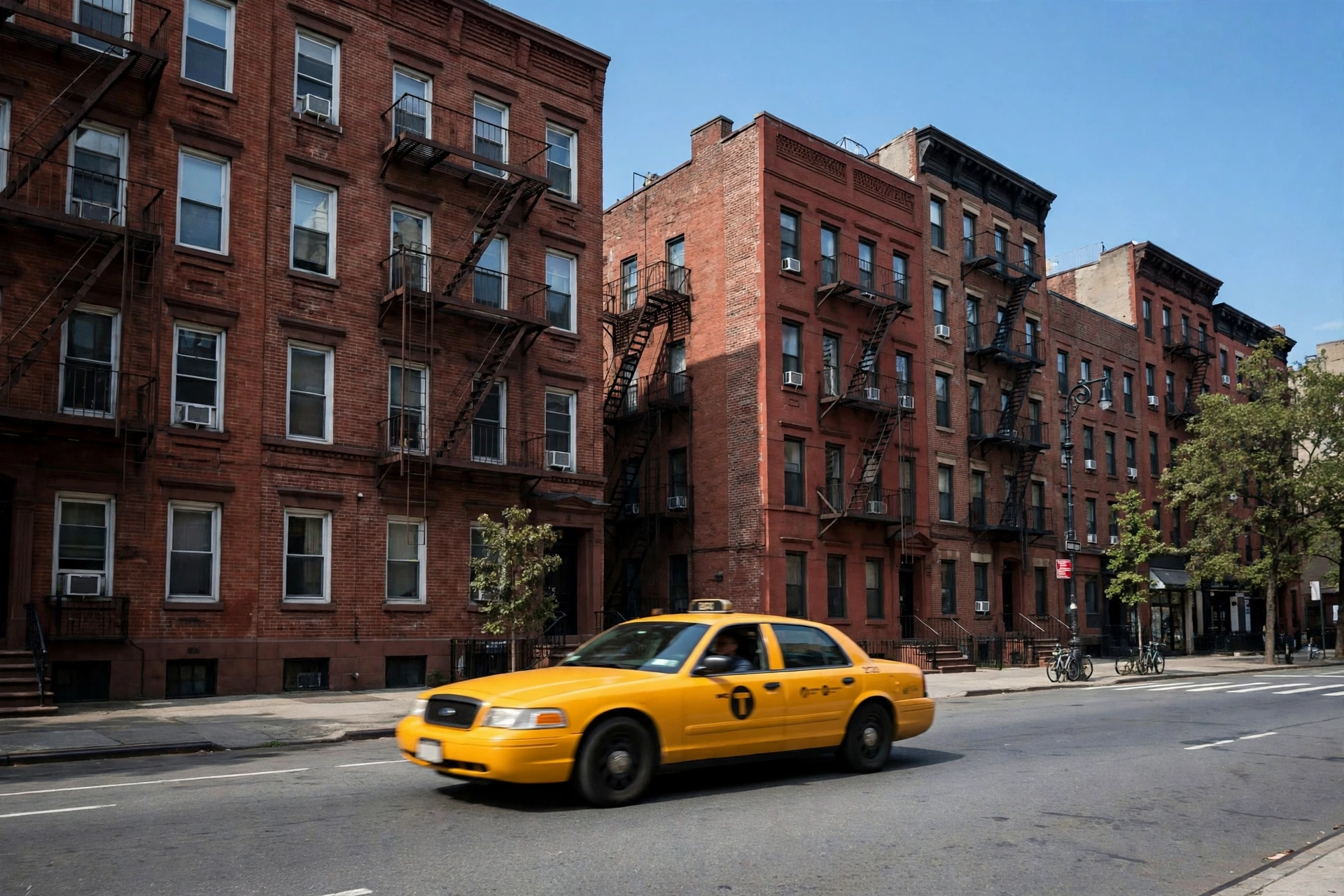 New York City street scene with a yellow taxi cab, red brick buildings and blue sky