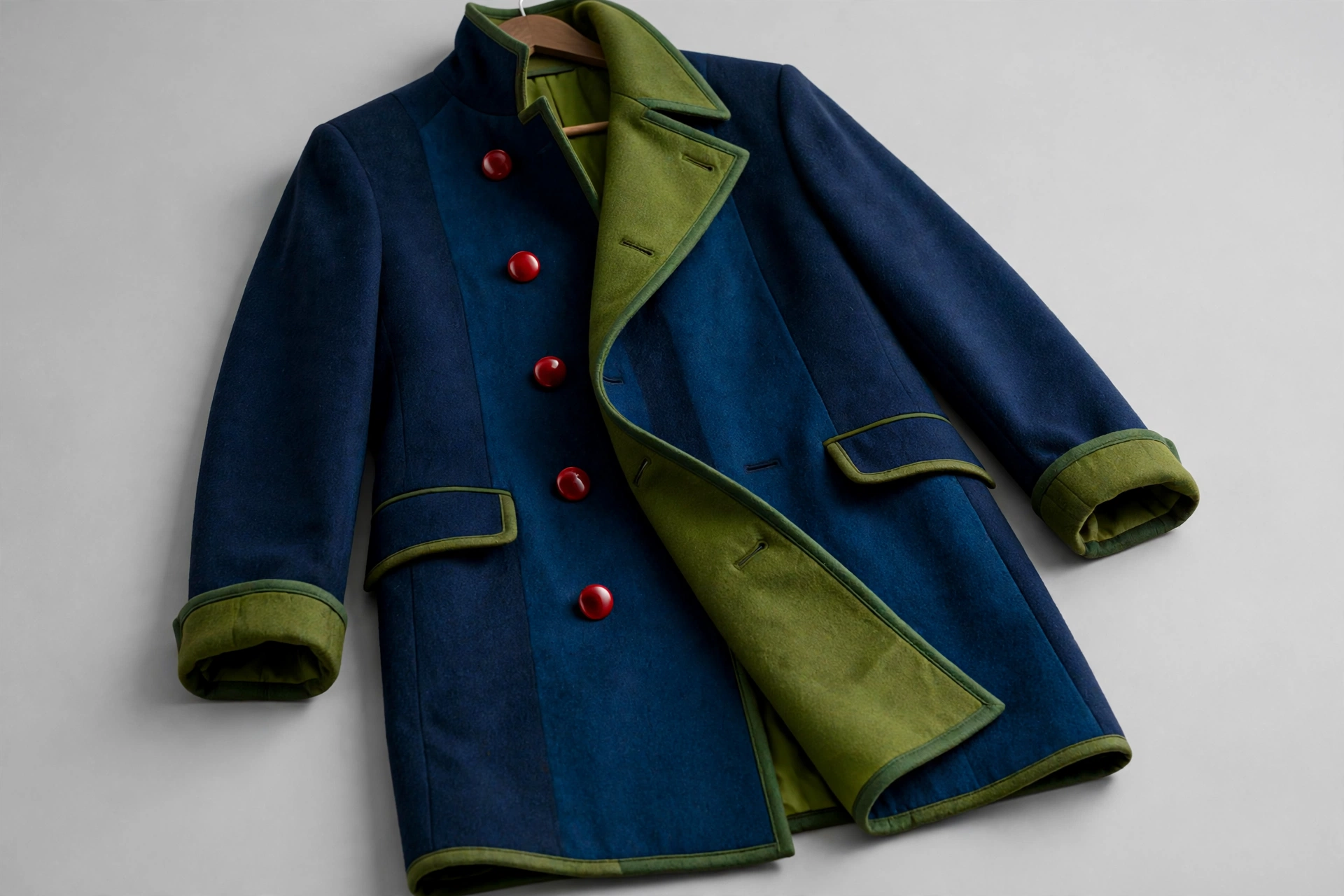 A navy wool coat with olive lapels, cuffs and lining, fastened with bright red buttons