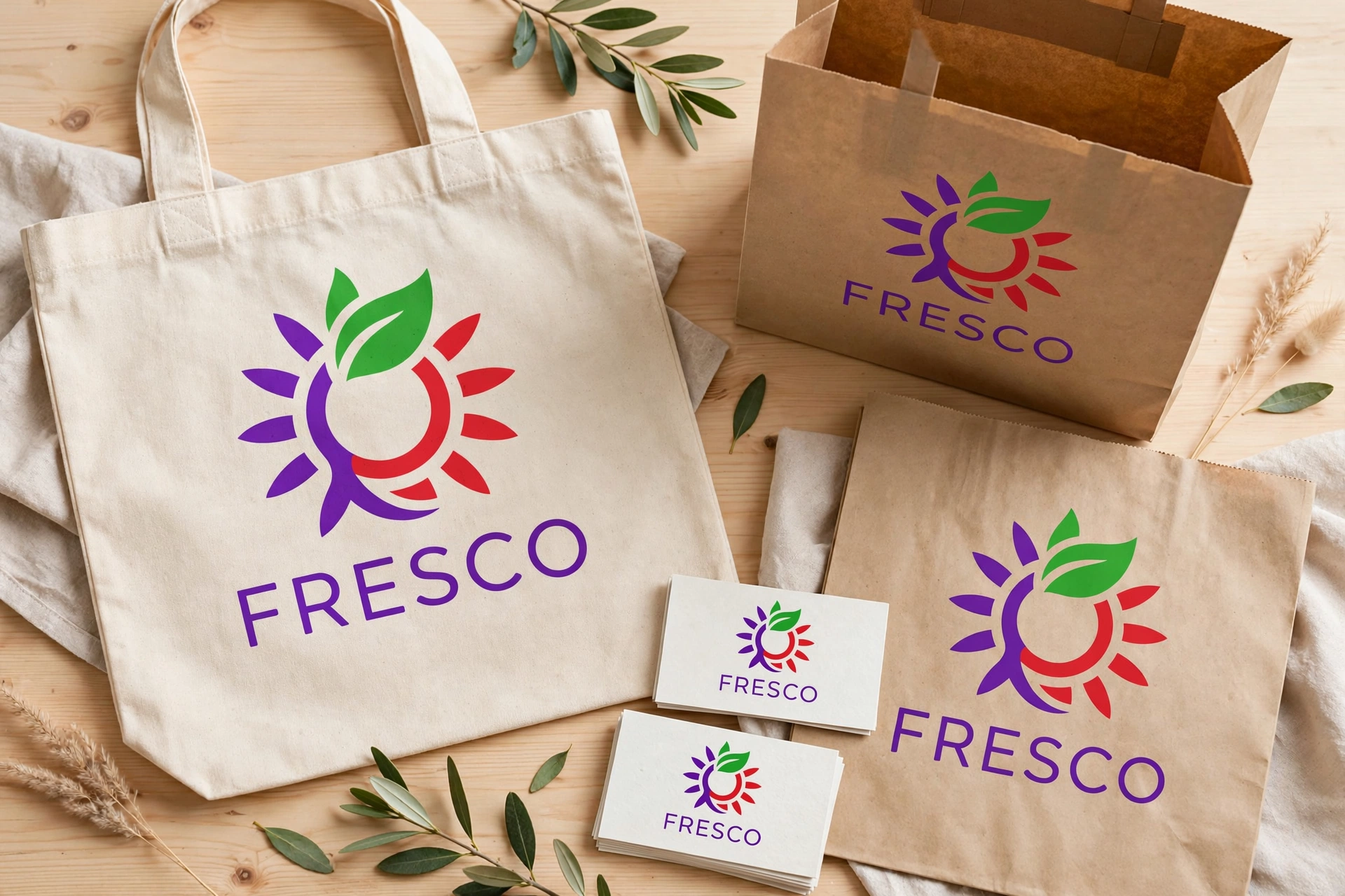 Brand board for FRESCO in green, violet and red