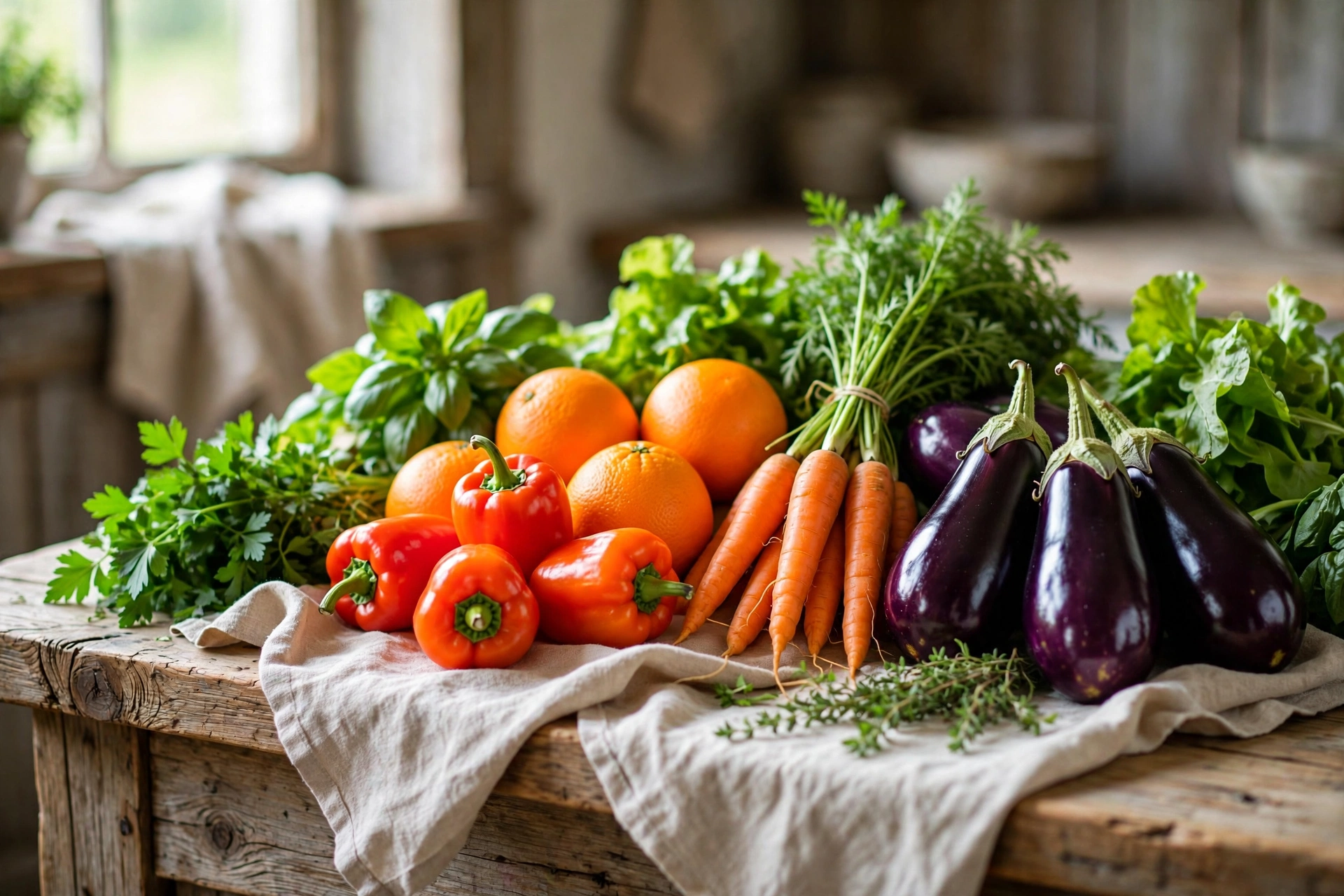 Farmhouse kitchen in the morning with orange produce, green herbs and vegetables, and violet accents in shadow