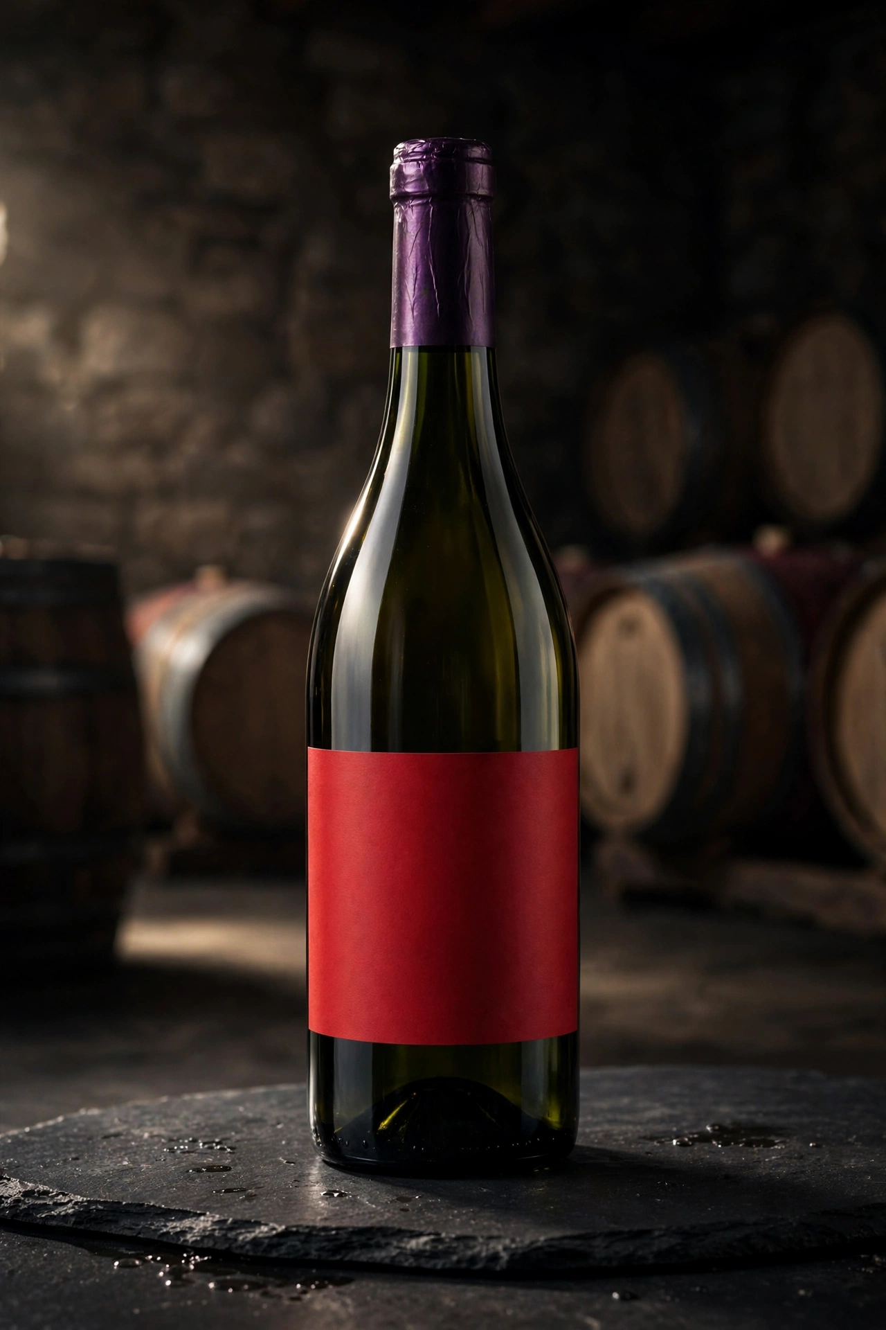 Product photograph of a wine bottle in the F minor palette of deep violet, scarlet and green