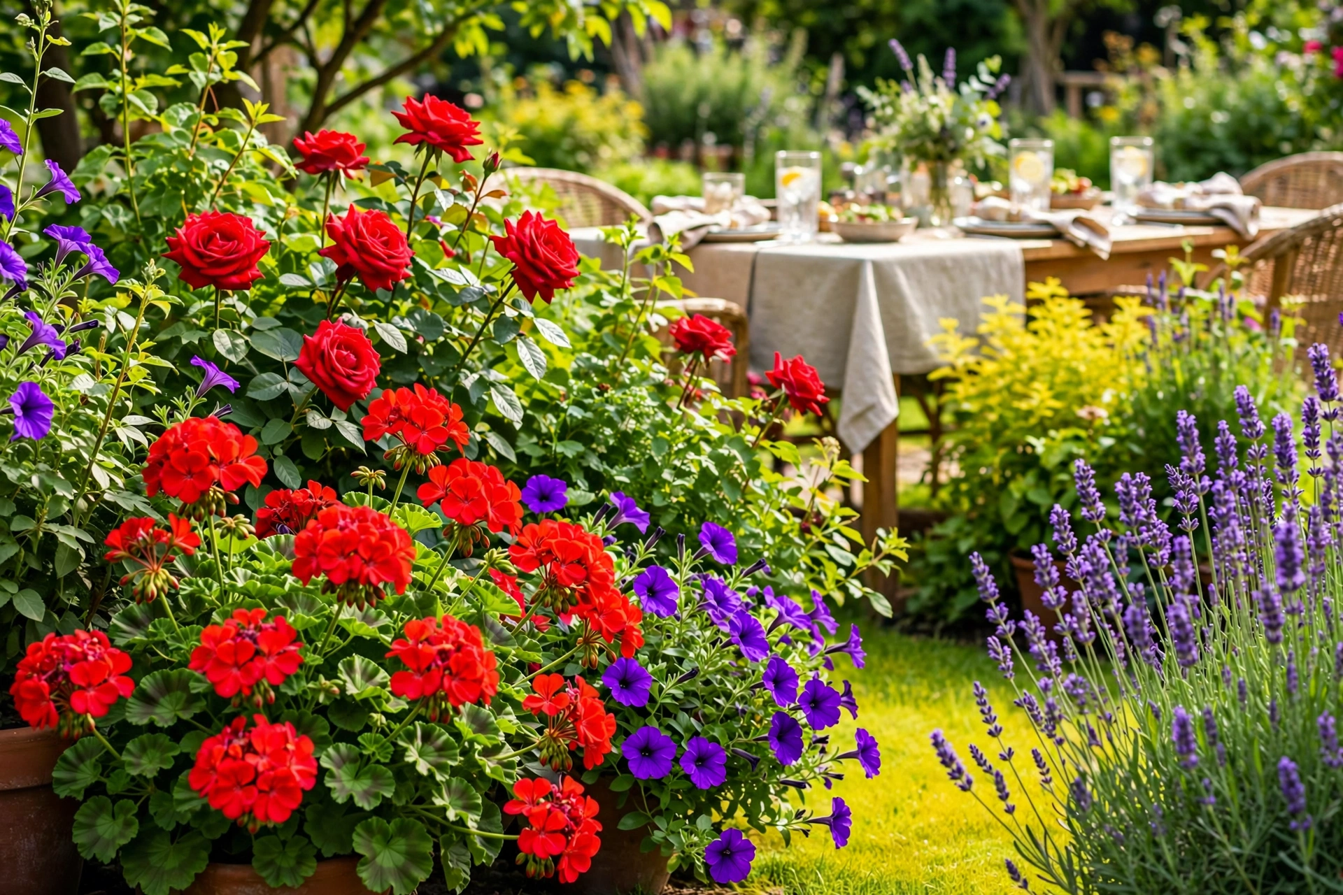 Garden party in daylight: scarlet roses and geraniums, violet petunias and yellow-green foliage