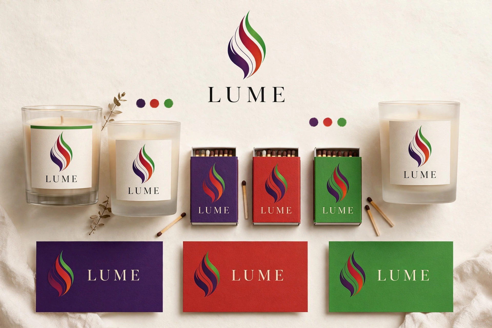 Brand board for LUME in deep violet, scarlet and vivid green