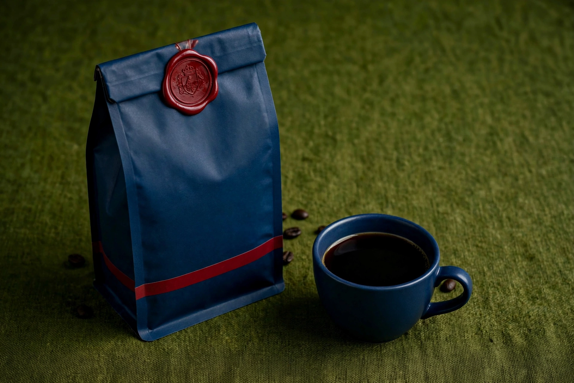 Coffee packaging in the dark B minor variant — deep blue and dark olive bags with a red mark