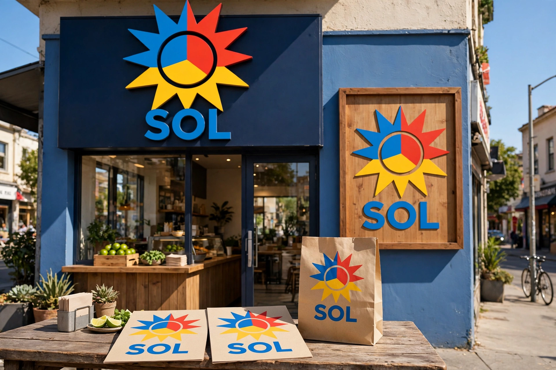 A taco storefront for SOL: a sun logo split into blue, red and yellow above the door and on the wall sign, menus and takeout bag
